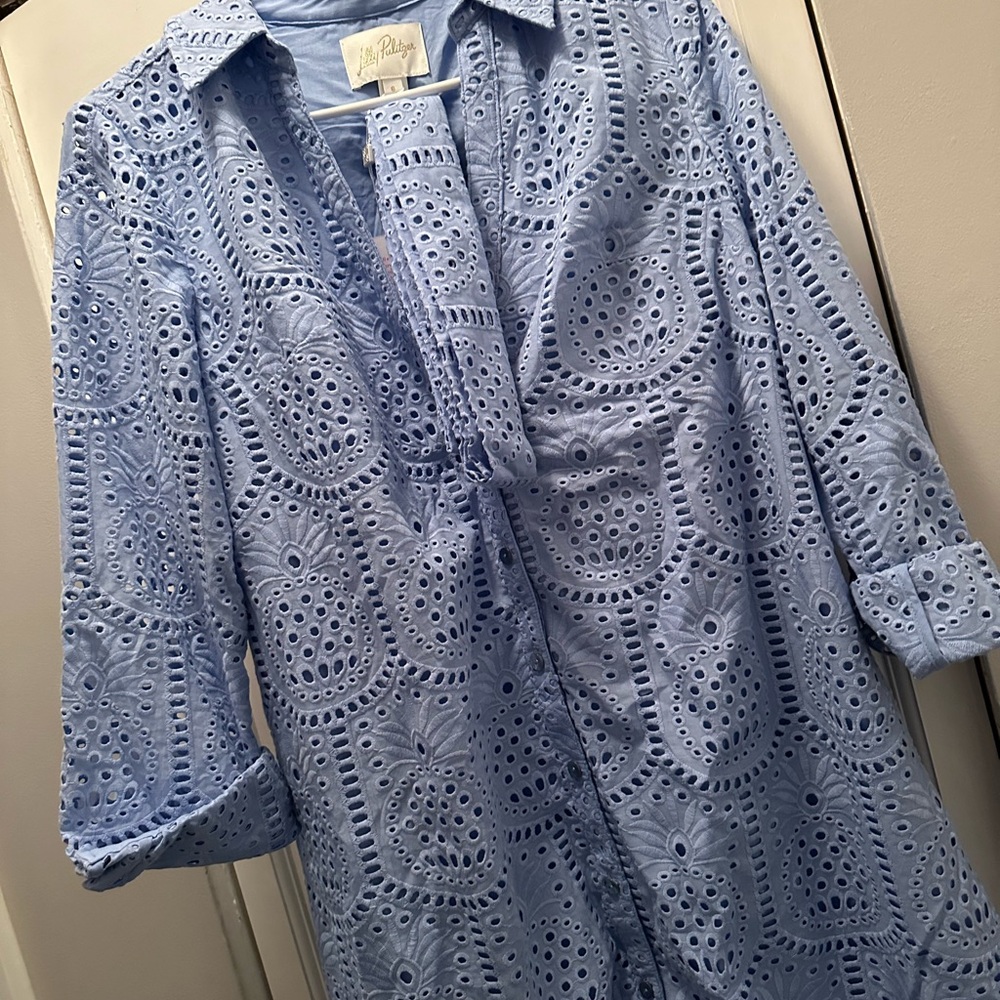 NWT LILLY PULITZER EIRA MIDI SHIRTDRESS SIZE 6 JACARANDA BLUE PINEAPPLE TILE EYE - Picture 3 of 15
